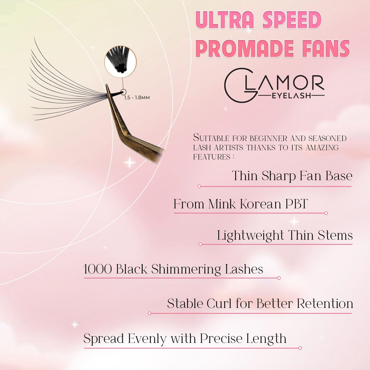 GLAMOREYELASH 1000 Ultra Speed Narrow Promade Fans | Natural Eyelash Extension 3D~16D | Handmade Individual Lashes Extension with 0.03/0.05/0.07mm Thickness of Mink Lashes | C CC D Curl for Cat Eye Lashes | 8 - 17mm Length for Fluffy Eyelash Cluster(8D-0.