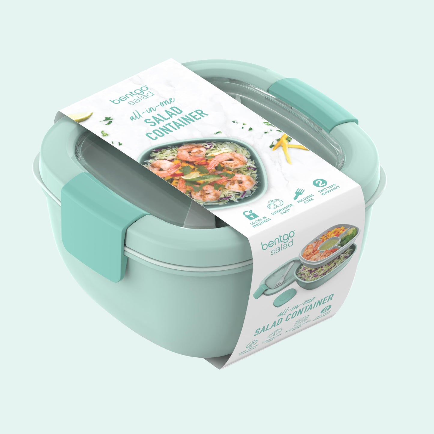 Bentgo All-in-One Salad Container - Large Salad Bowl, Bento Box Tray, Leak-Proof Sauce Container, Airtight Lid, & Fork for Healthy Adult Lunches; BPA-Free & Dishwasher/Microwave Safe (Coastal Aqua)