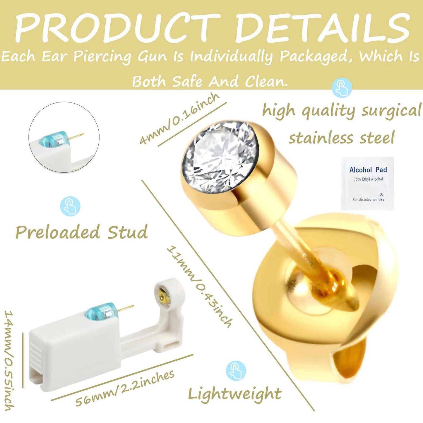 orilace 4Pcs Ear Piercing Kit - Self Disposable Ear Piercing Gun Built-in Earring Stud Low Pain At Home Body Piercing Kit Ease of Use 4mm (Clear Crystal)