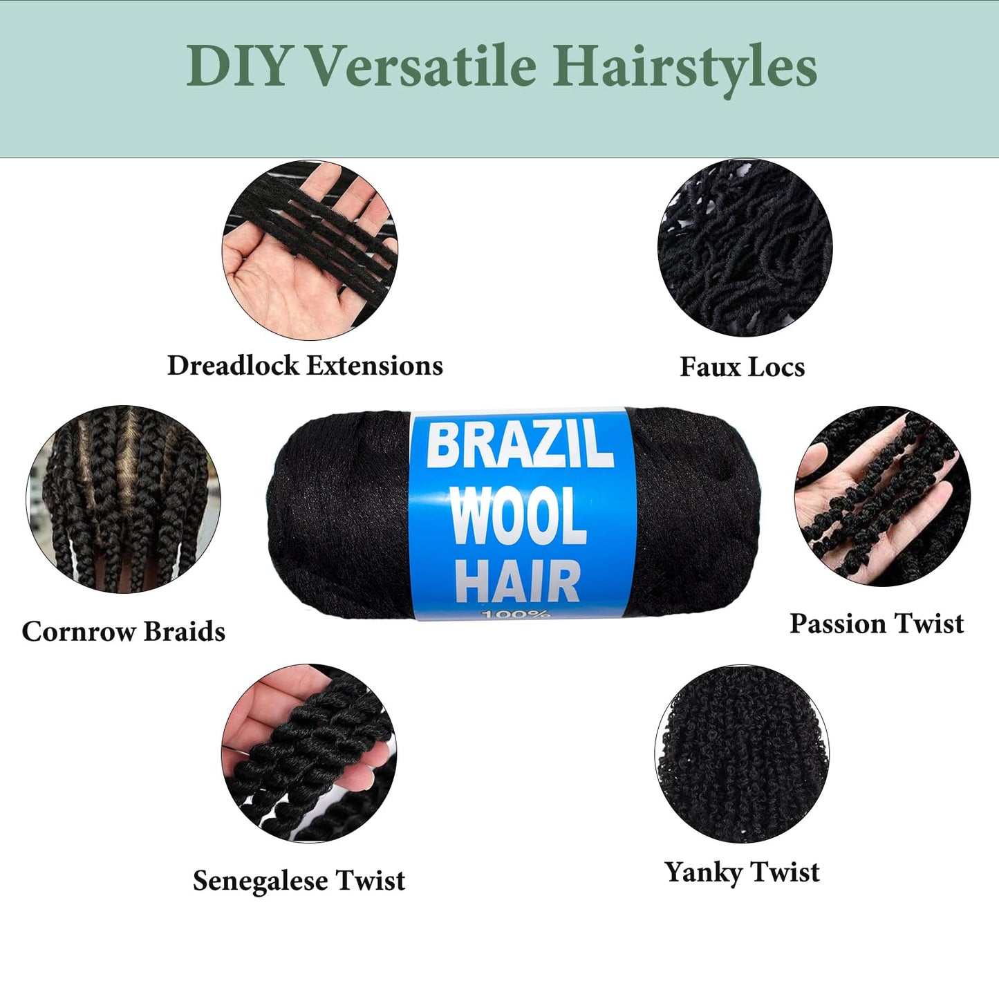 6 Roll Natural Black Brazilian Wool Hair Yarn for Jumbo Braids Braiding Hair for Soft Faux Locs Goddess Locs Hair Extension Senegalese Twist Crochet Hair for Black Women(1B, Natural Black)