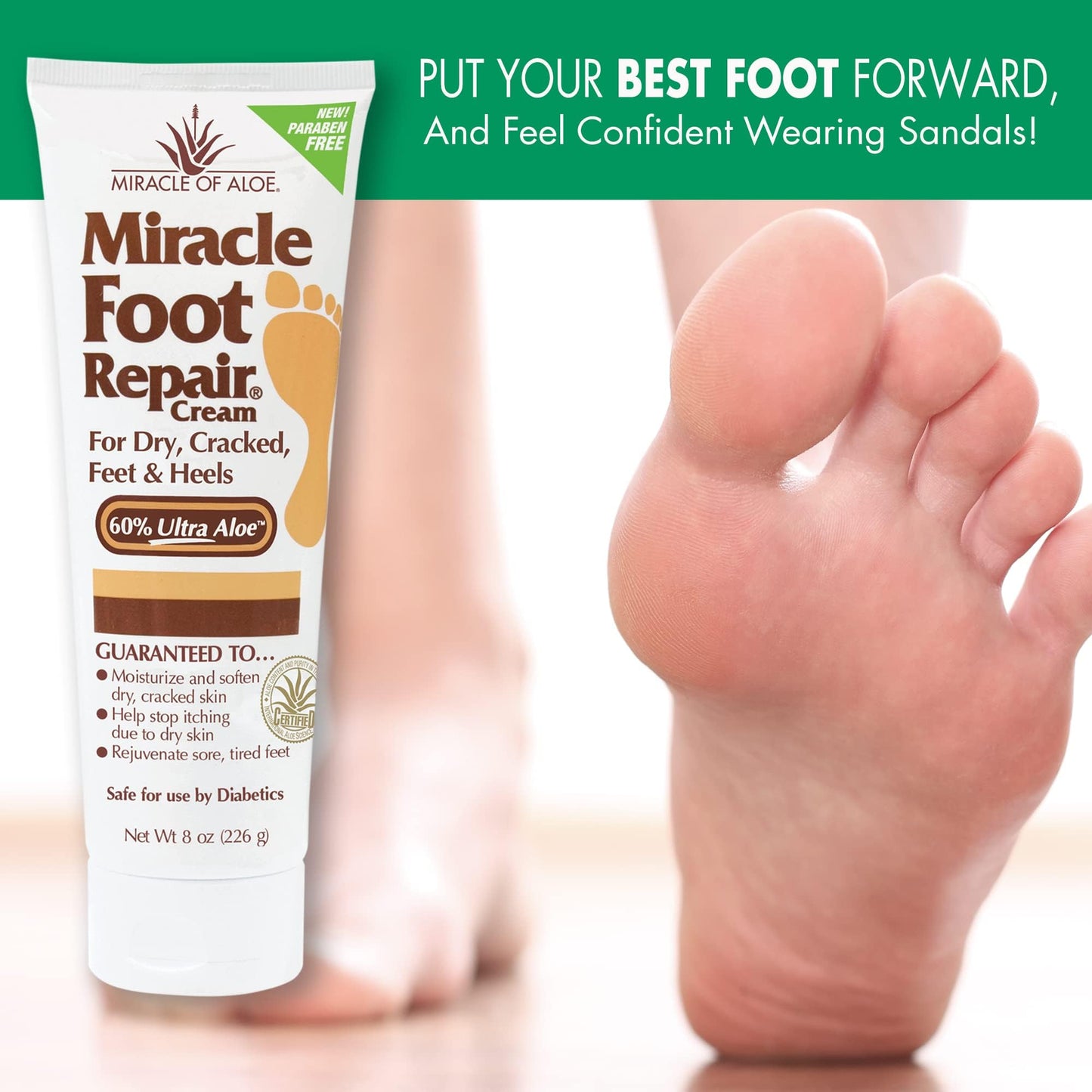 Miracle Foot Repair Cream (8 oz & 1 oz) Repairs Dry Cracked Heels and Feet, 60% Pure UltraAloe Moisturizes, Softens, and Repairs