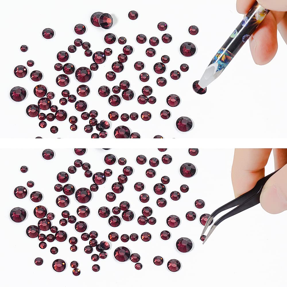 6Grids 3000Pcs Flatback Rhinestones, Dark Purple Nail Gems Crystals Jewels, Craft Glass Diamonds Stones Bling Rhinestone with Tweezers and Picking Pen for Nail Face Makeup(1.8mm~4mm Crystal)