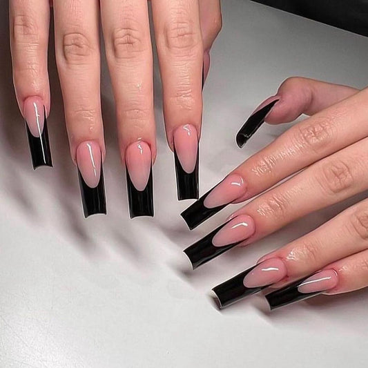 Press on Nails Long Square Fake Nails Black False Nails French Tip Nails Press Ons Glossy Designs Stick on Nails Full Cover Acrylic Nails Nude Glue on Nails for Women 24Pcs