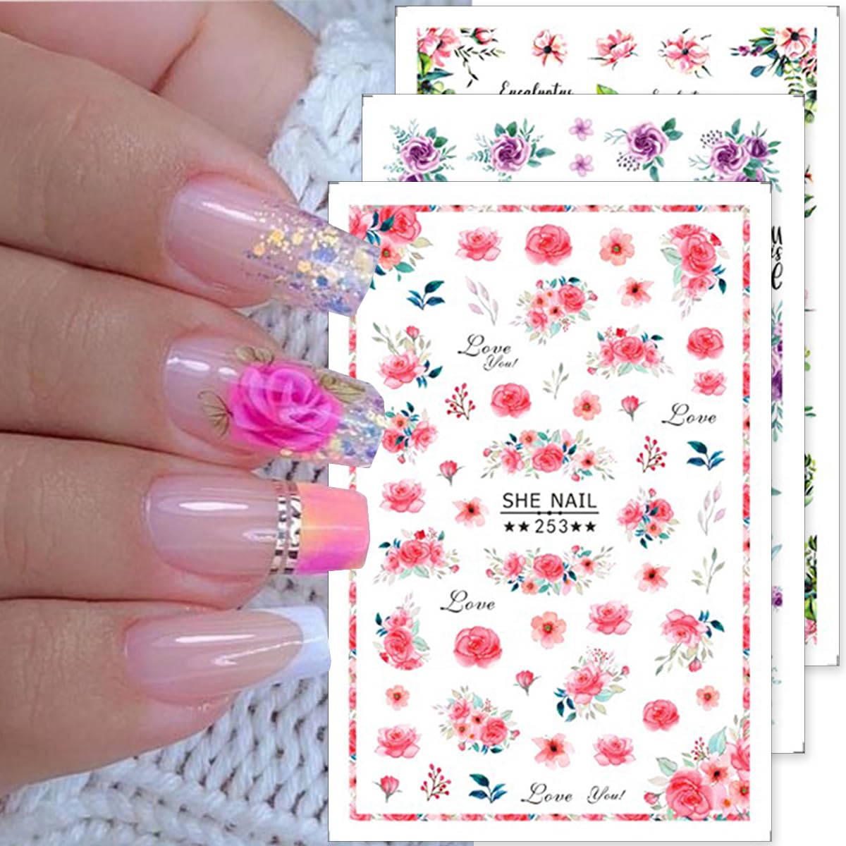 8Sheets Flower Nail Stickers for Nail Art, Flower Nail Decals 3D Self-Adhesive Flowers Rose Nail Art Design Stickers Cute Flower Nail Charms Supplies for Valentine's Day Nail Decoration Accessories