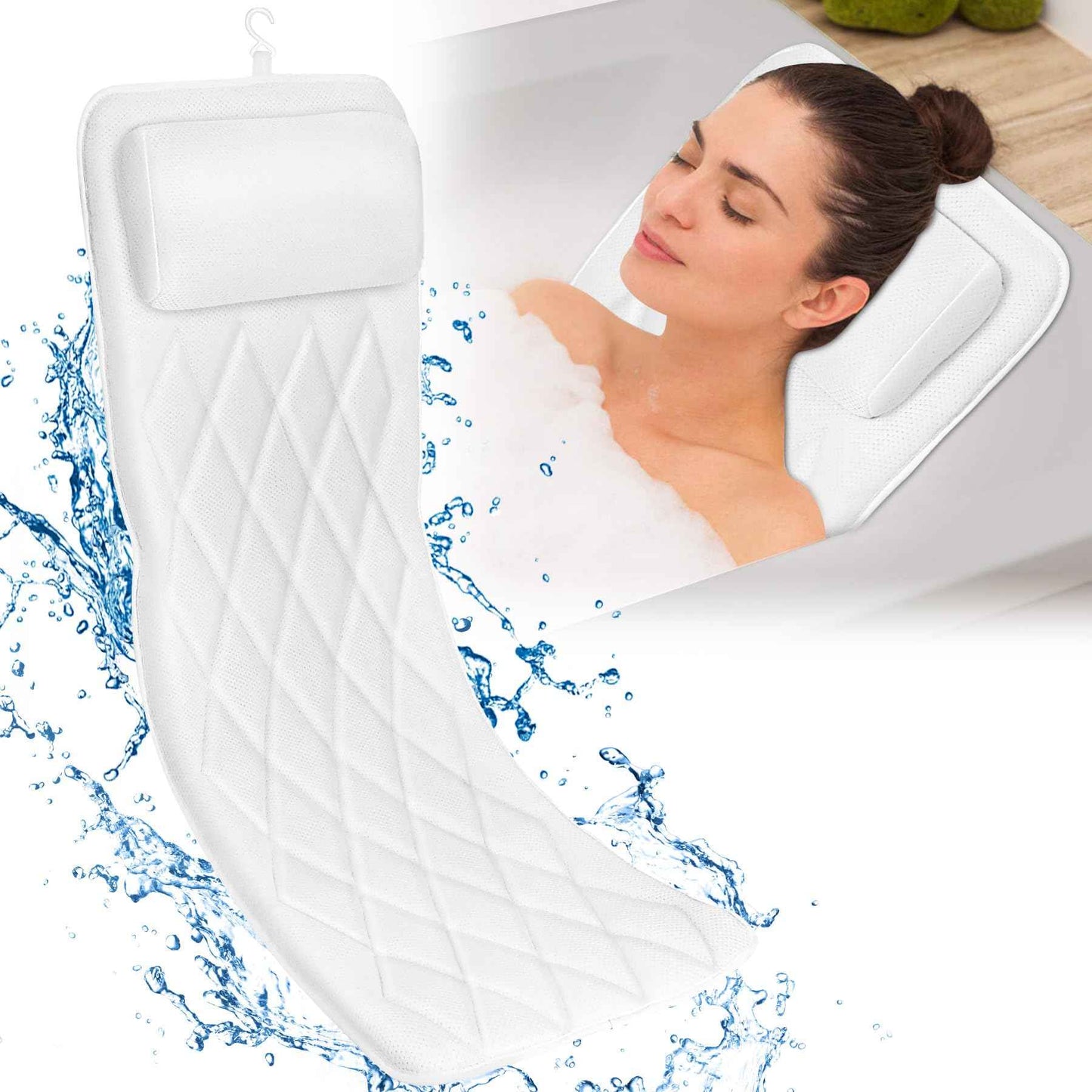 Chsuiwe Full Body Bath Pillow for Bathtub, Thick Bath Pillow for Tub with Non-Slip Suction Cups, Bathtub Cushion with Pillow, Luxury Tub Pillow for Bath, Headrest Neck and Back Support, 5D Air Mesh