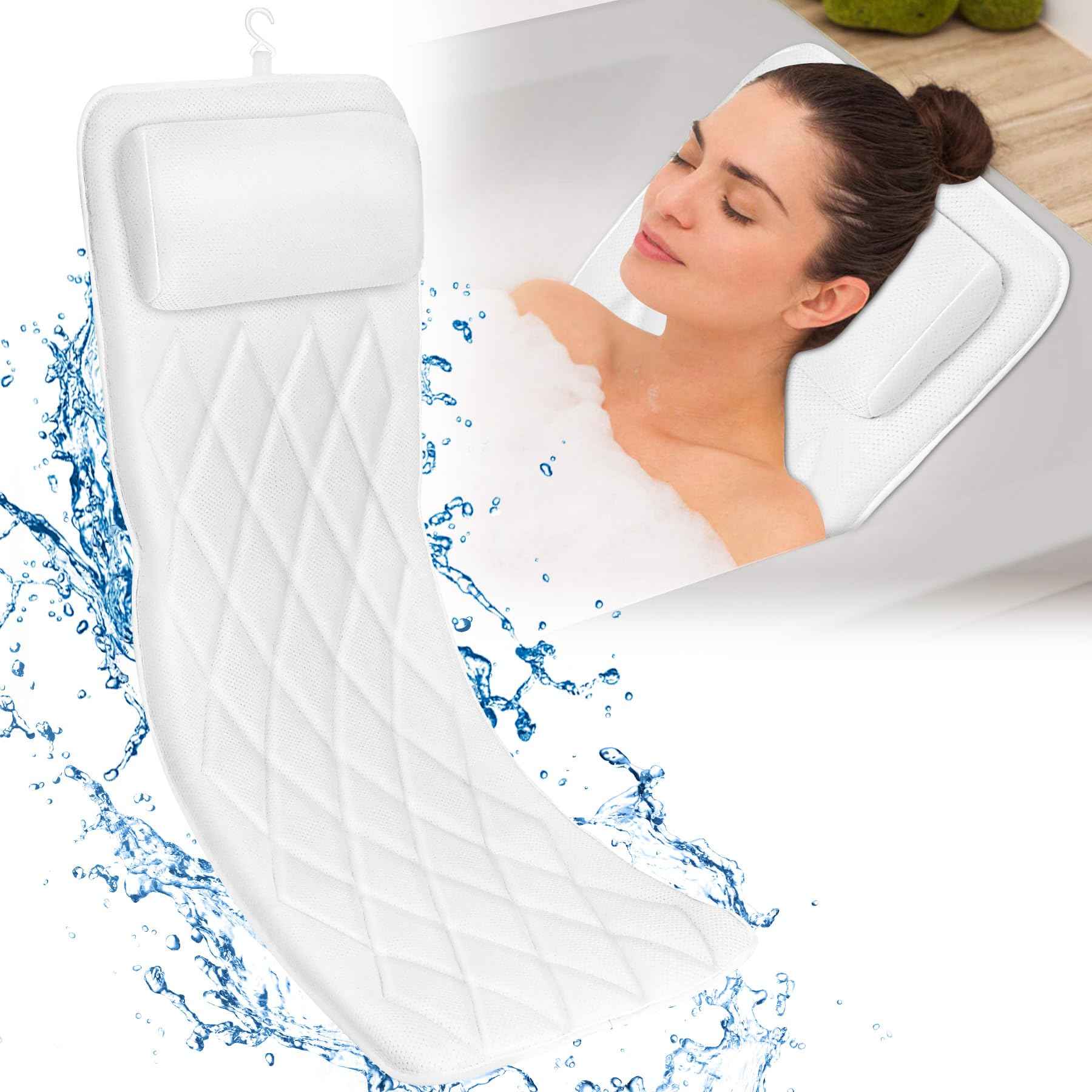 Chsuiwe Full Body Bath Pillow for Bathtub, Thick Bath Pillow for Tub with Non-Slip Suction Cups, Bathtub Cushion with Pillow, Luxury Tub Pillow for Bath, Headrest Neck and Back Support, 5D Air Mesh