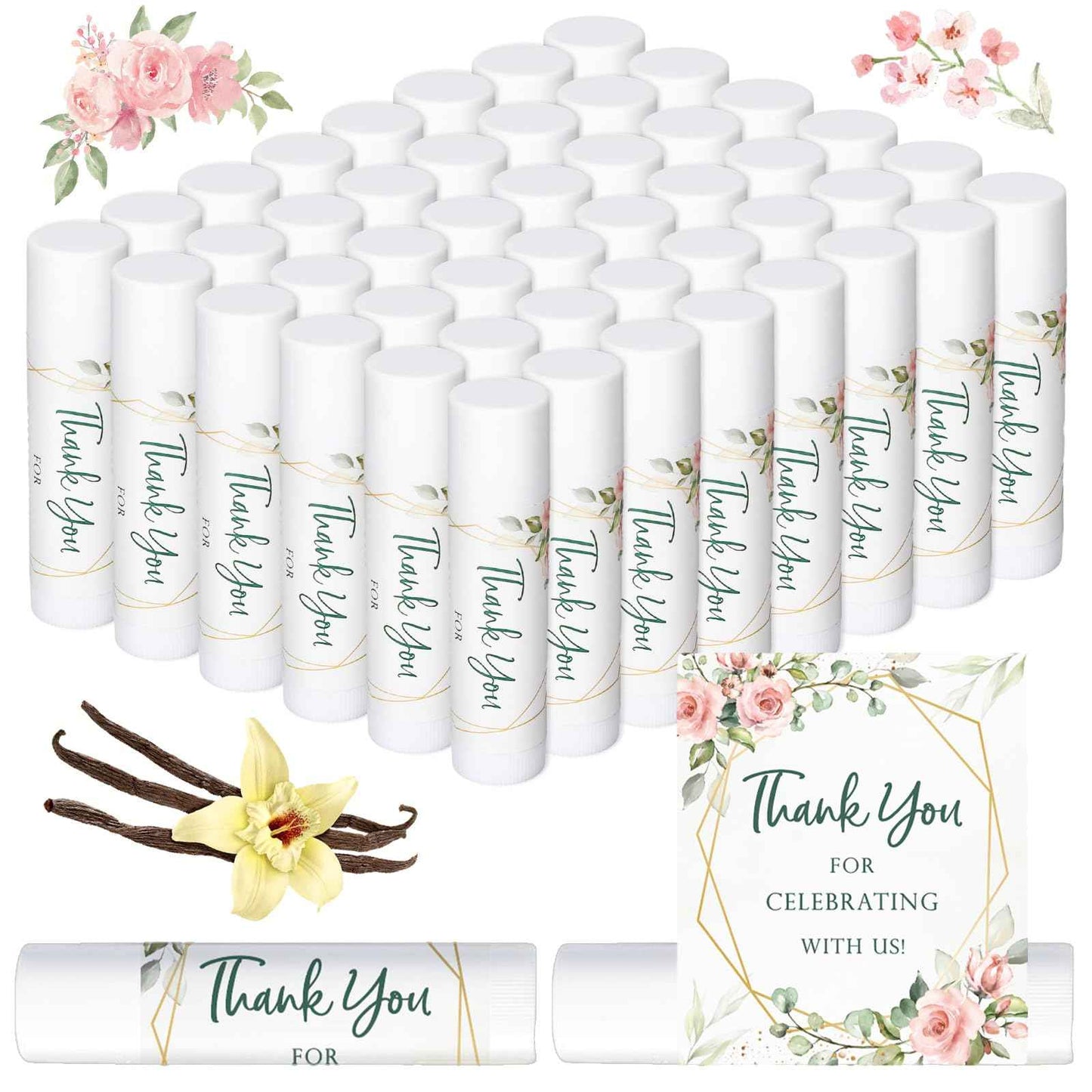Whaline 60Pcs Thank You Gift Lip Balm Bulk Wedding Lip Balms Vanilla Flavor Floral Moisturizing Lip Care Guest Basket Gift Stuffer for Bridal Shower Baby Shower Birthday Party Favor Supplies