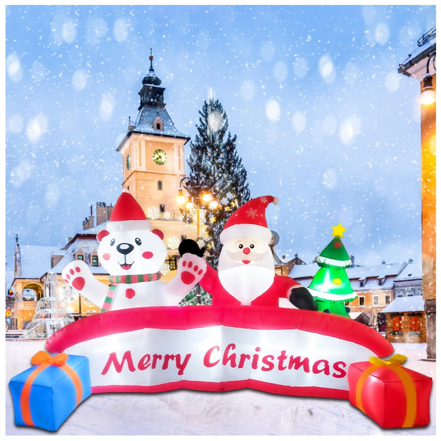 10 FT Inflatable Merry Christmas Banner Sign with Santa Claus Polar Bear Christmas Tree, Outdoor Inflatable Decoration with LED Lights Blow Up Decorations for Yard Holiday Xmas Party Garden Decor