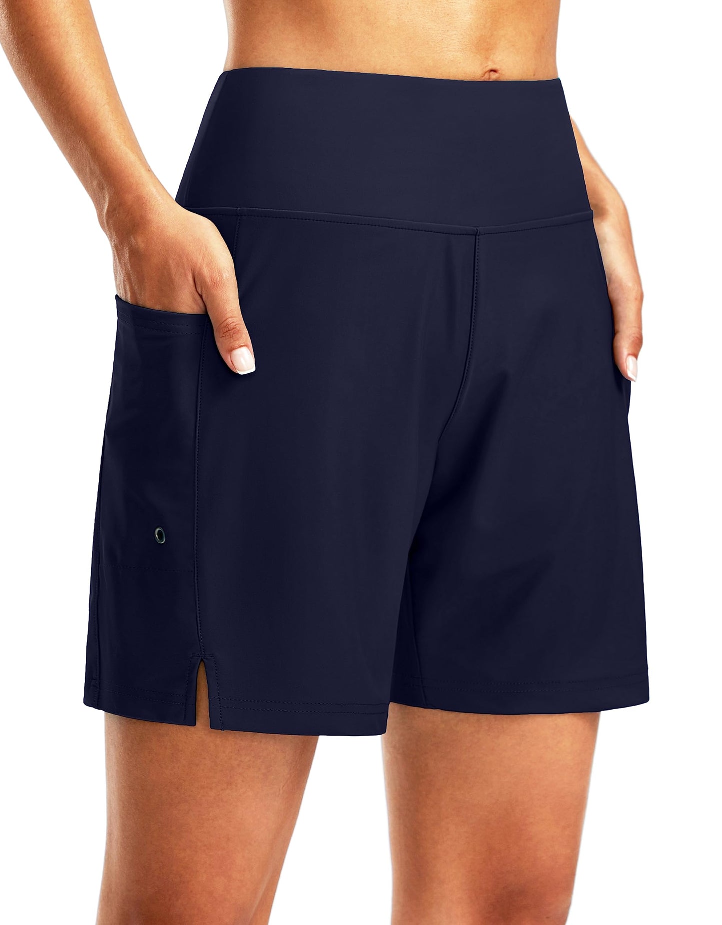 G Gradual Women's 7" Long Swim Board Shorts High Waisted Quick Dry Beach Swimming Shorts for Women with Liner Pockets(Navy,S)