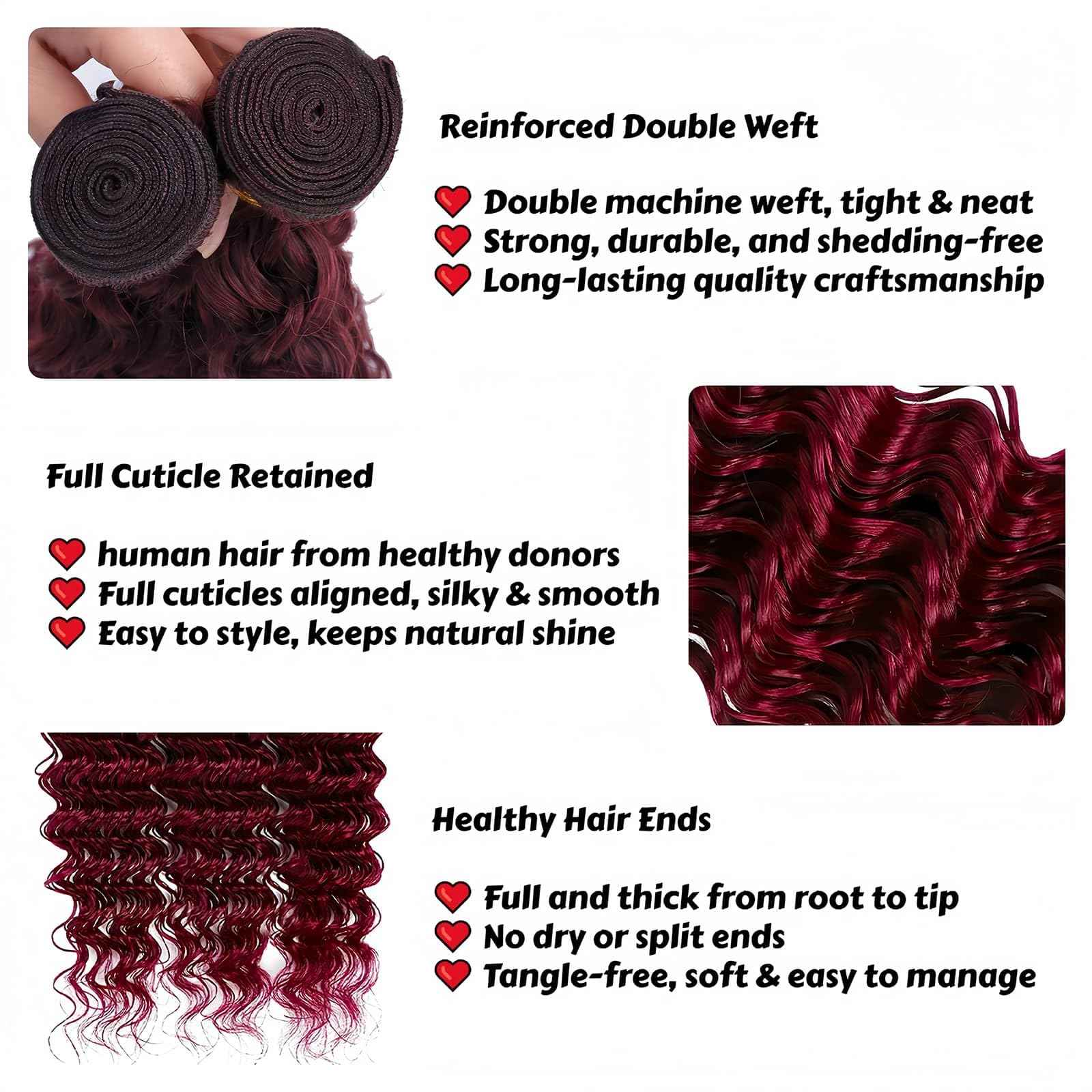 LUMWAV 99J Burgundy Deep Wave Human Hair Bundles 8 10 12 Inch 3 Bundles Brazilian Remy Hair Extensions Curly Weave Soft Bouncy Sew In for Black Women