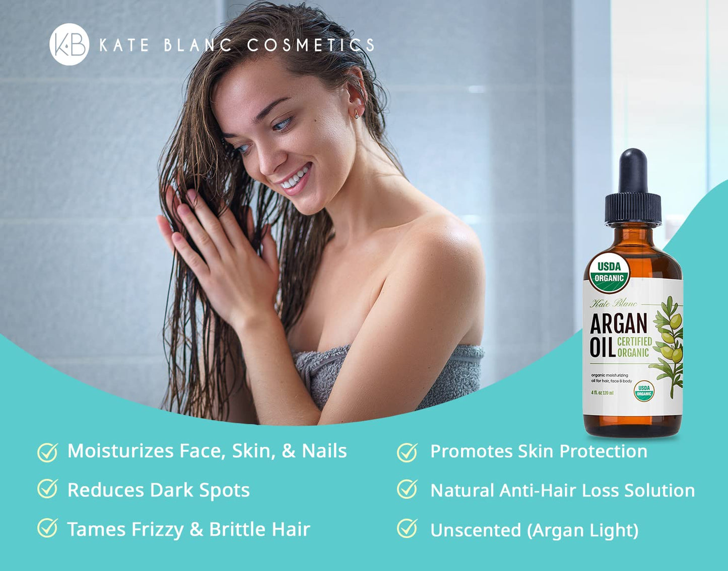 Kate Blanc Cosmetics Argan Oil for Hair and Skin Moisturizer (Light 4oz) 100% Pure Cold Pressed Organic Argan Hair Oil for Curly Frizzy Hair. Stimulate Growth for Dry Damaged Hair