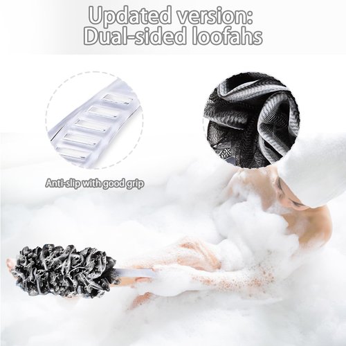 2Pack Loofah Sponge, Qewro Dual-Sided Loofah on a Stick Exfoliating Body with Long Handle, Body Scrubber for Back use in Shower with Loufas or Lufa for Men Women (2Pack Black and Navyblue)