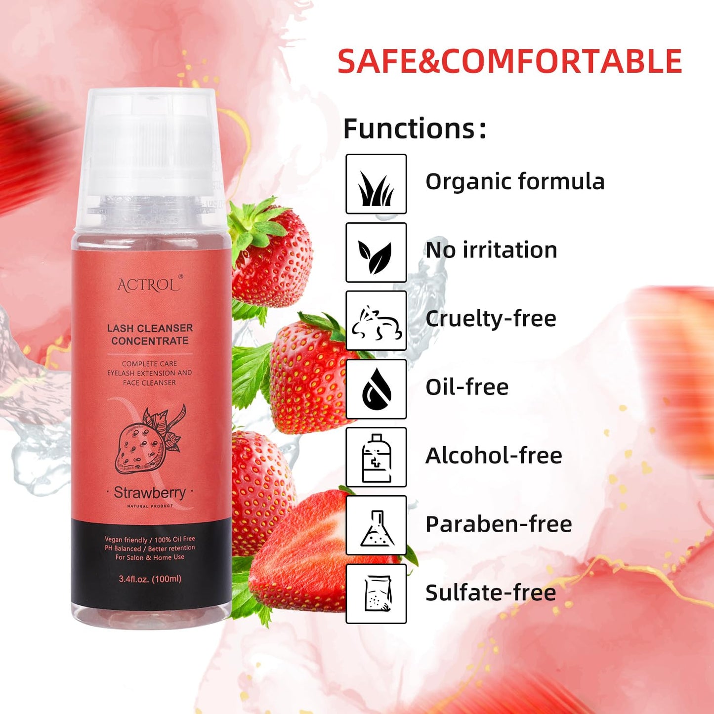 ACTROL Eyelash Shampoo Concentrate 100ml Lash Extensions Cleanser Concentrate Strawberry Foaming Shampoo Paraben & Sulfate Free Wash for Extensions Lashes with Salon Home Care-Makes 60ml Bottles