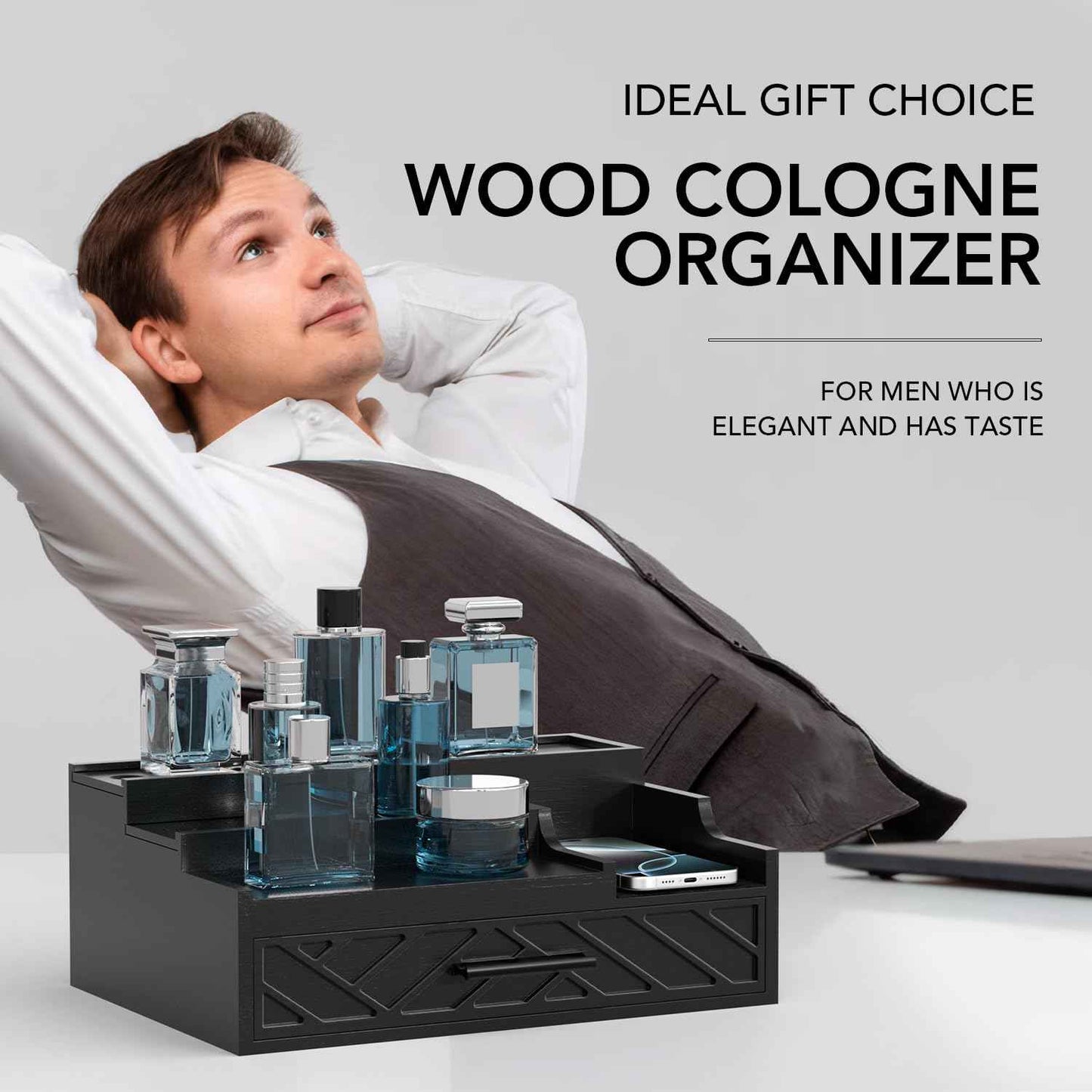 Cologne Organizer for Men, 3 Tier Perfume Stand With Drawer Hidden Compartment and Lining, Wood Display Holder for Watch Jewelry, Black, Great Gifts for Christmas