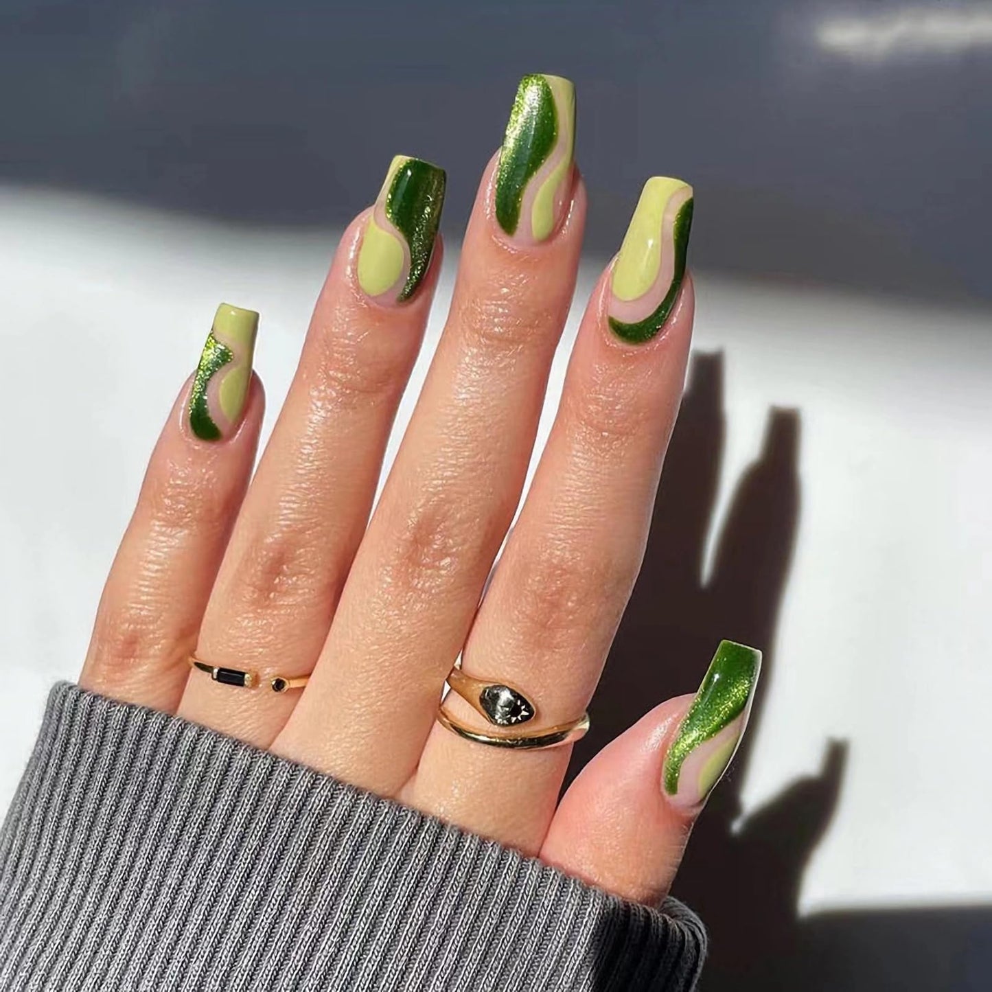 MERVF Coffin Press on Nails Medium Fake Nails Press ons Green French Tip Glue on Nails Neon Ballerina Acrylic False Nails with Glitter Design Glossy 24pcs