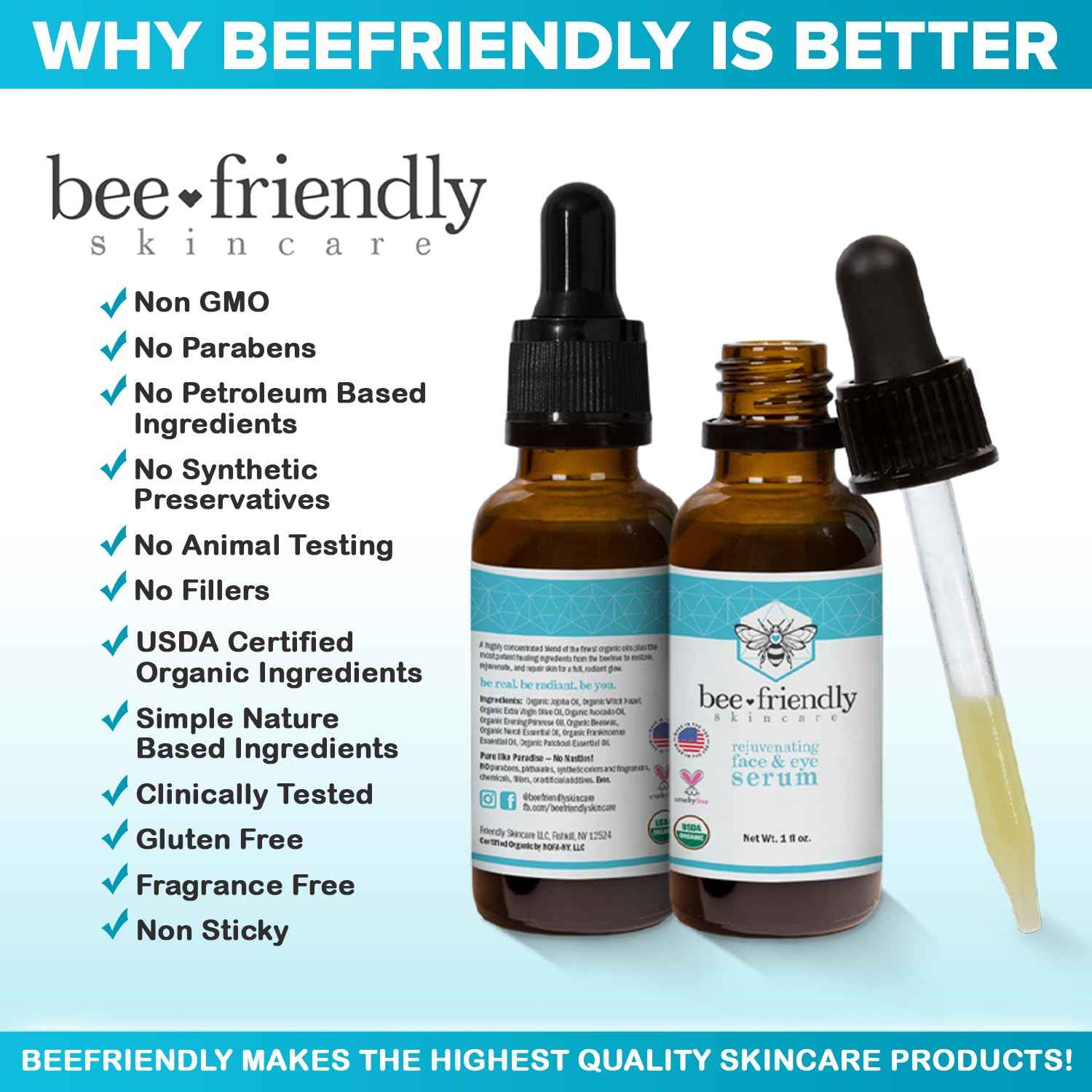 Organic Face & Eye Serum By BeeFriendly, Deep Hydration, Nourishes, Tightens, and Firms Facial Skin, and Lifts Facial Skin USDA Certified & All Natural Serum for Face, Women or Men, 1 oz
