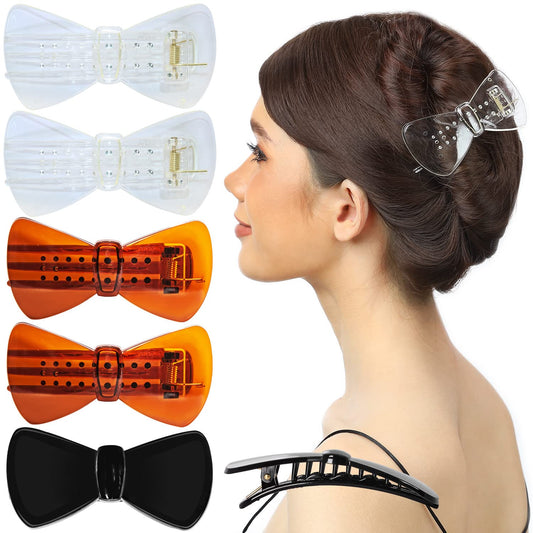 RC ROCHE ORNAMENT 6 Pcs Womens French Barrette Cute Flat Ribbon Bow Styling Strong Hold Firm Grip Teeth Side Slide Beauty Fashion Accessory Plastic Hair Clips Clamp, Medium Clear Brown and Black