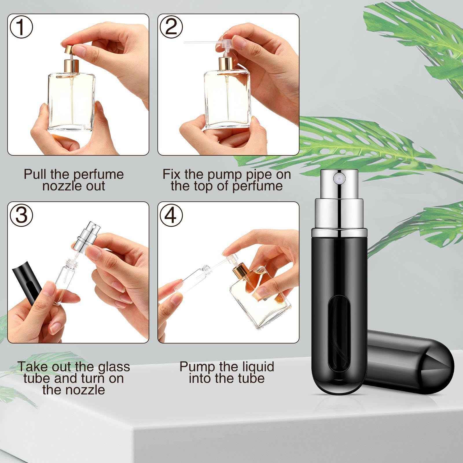 Bright Black Refillable Perfume Atomizer - 5 ml Mini Spray Bottle with 10 Dispenser Pumps - Travel Perfume Bottle Case