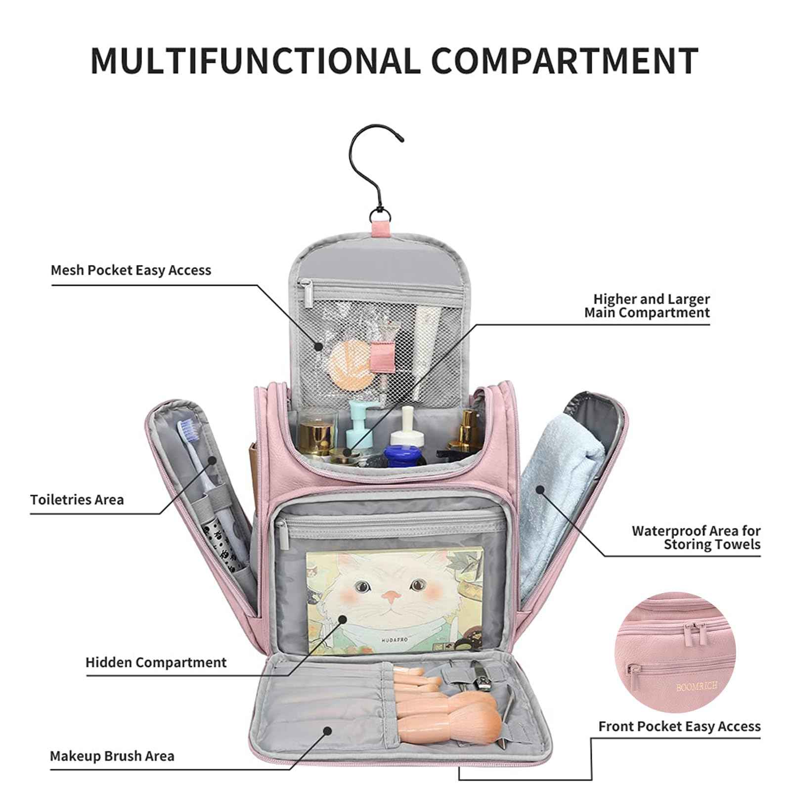 Large Toiletry Bag for Women, Hanging Leather Travel Makeup Bag with 360° Hook and Shoulder Strap, Travel Organizer for Full Sized Container, Toiletries, Brushes (Pink)