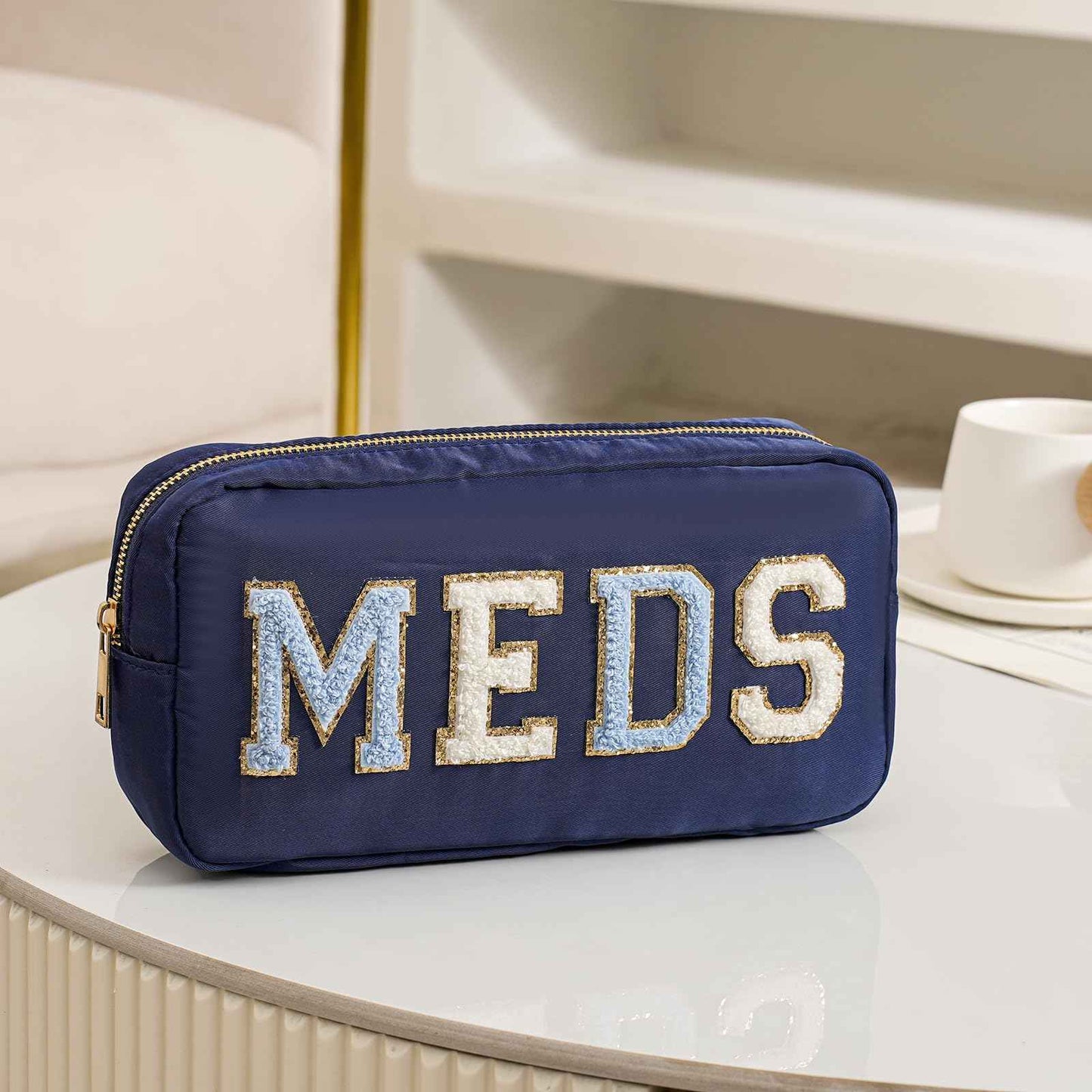 Chenille Letter Patch Nylon Medicine Packages,Cute MEDS Travel Makeup Bag with Metal Zipper, First Aid Purse Organizer Cosmetic Bag for Women and Girls(03Navy)