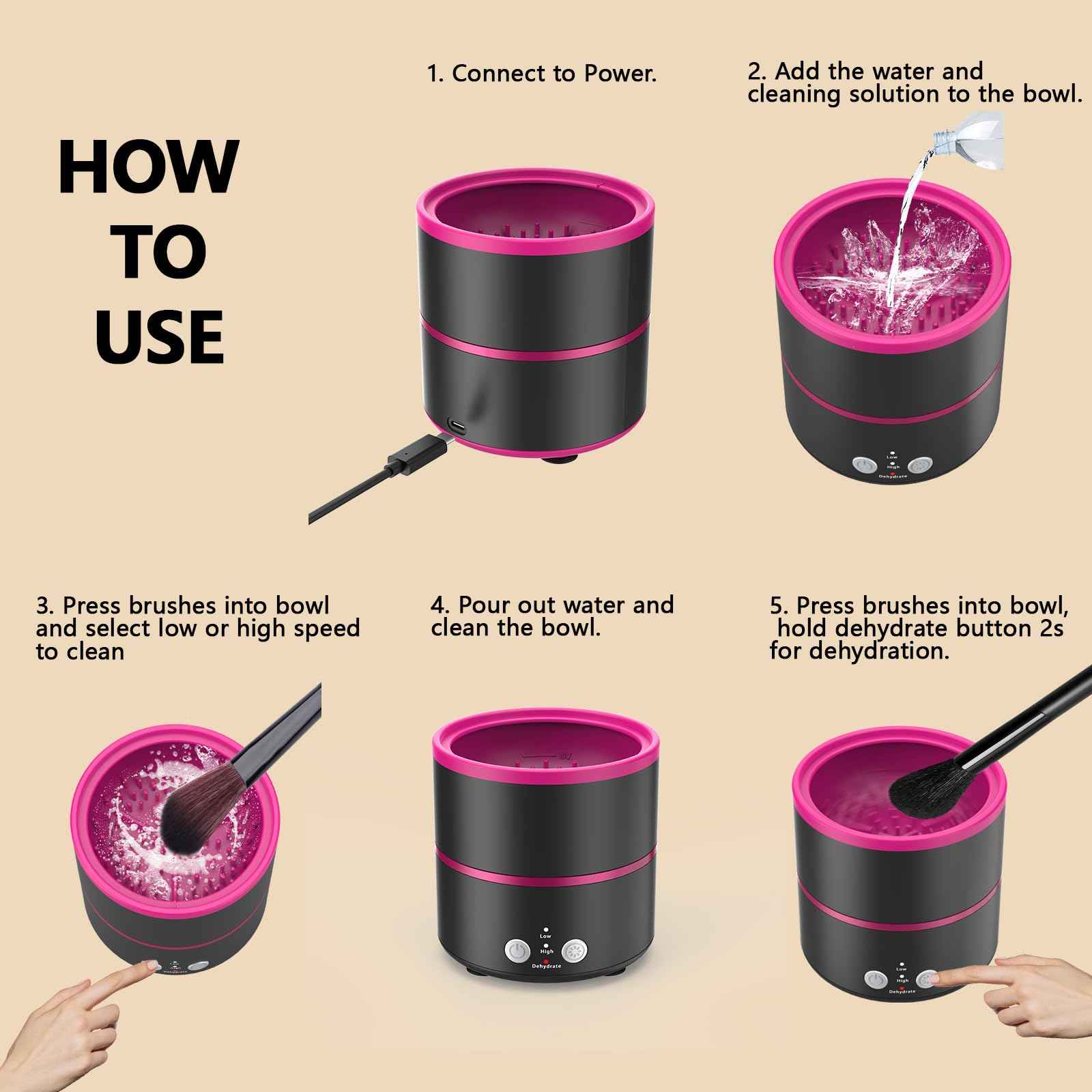 Cucufor Electric Makeup Brush Cleaner Machine, 2 Speeds and Dehydration Powerful Friction Removes Residue on Makeup Brushes Set/Sponge/Powder Puffs, Efficient Cleaning, Spinning Washer Black Pink