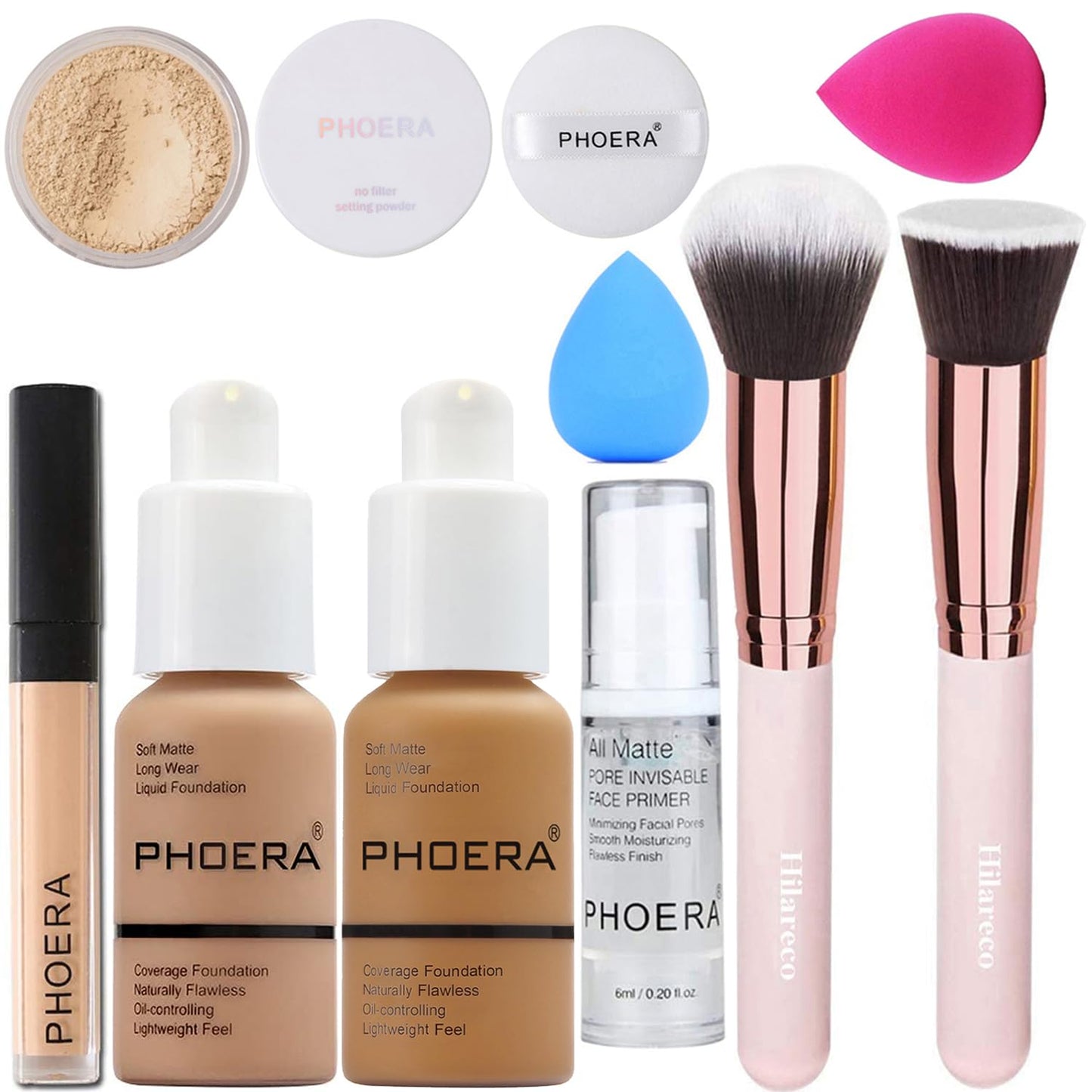 PHOERA Foundation,PHOERA Concealer,PHOERA Makeup Foundation Full Coverage Up to 24 Hour Fresh Wear with Matte Finish,PHOERA Primer,PHOERA Powder (105 Sand+111 Chestnut)