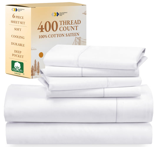 California Design Den 6-Pc Queen Size Sheet Set with 4 Pillowcases - 400 Thread Count 100% Cotton Sheets, Cooling Sateen Weave, Luxury Deep Pocket Bedsheets Set - Bright White