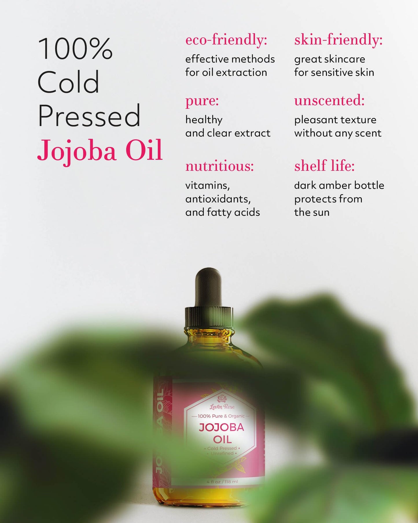 Leven Rose Jojoba Oil, Pure Cold Pressed Natural Unrefined Moisturizer for Skin Hair and Nails 4 oz