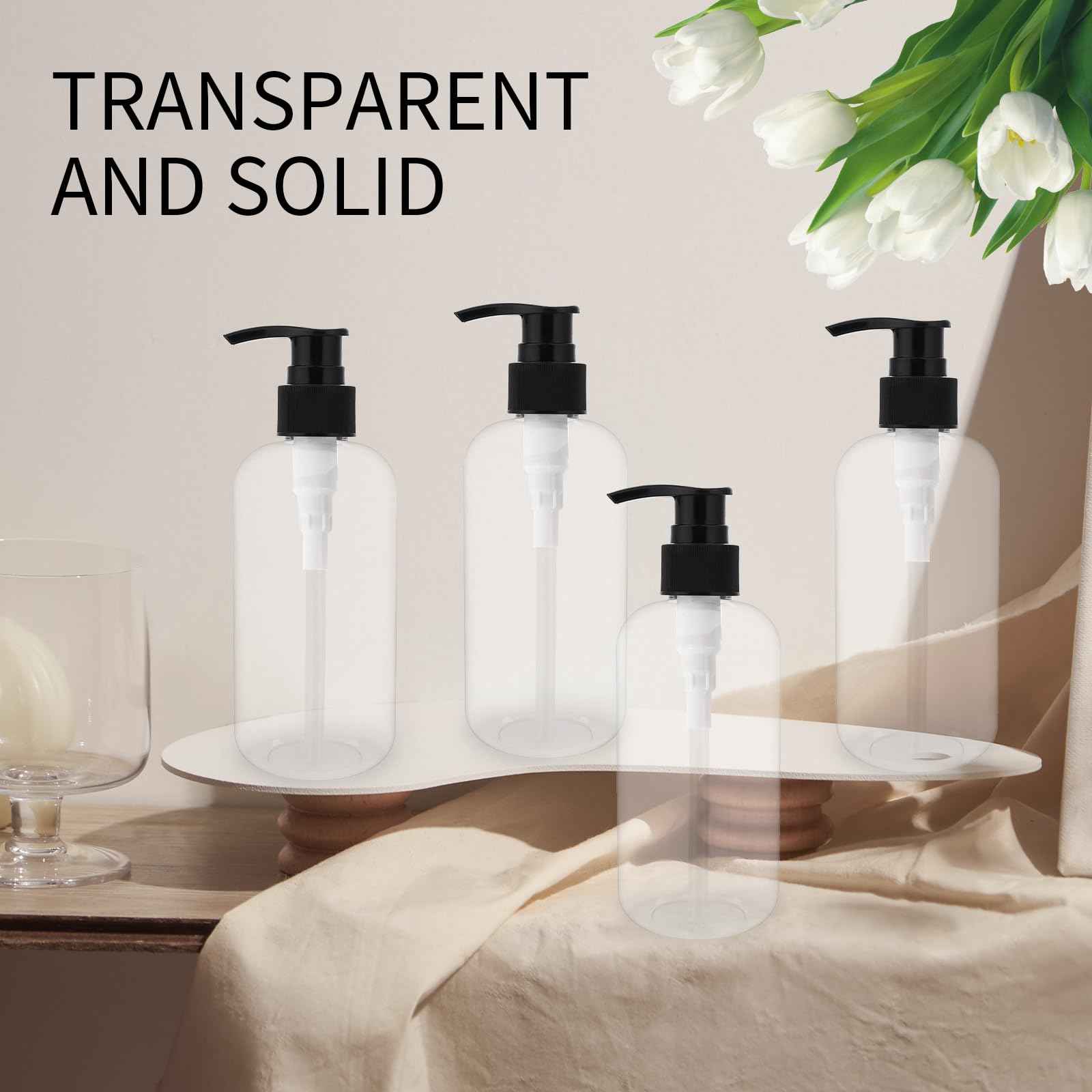 DISWALE 15 Pcs 8.5 oz Empty Pump Bottles, Clear Refillable Plastic Dispenser Bottles for Shampoo, Lotion, Hand Soap, Body Wash, Oil, Moisturizer, Travel Liquid Containers