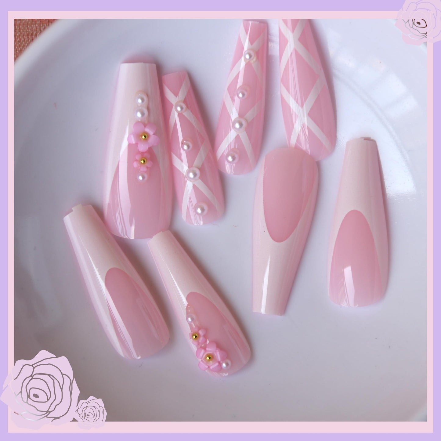 Pink Press on Nails Kit Floral Pearl French Tip Nails Press Ons Medium Long Charms Gems Fake Nails Artificial Coffin Gel Like Glossy 3D Flower Bowknot Net False Nail Manicure for Women and Girls-24pcs