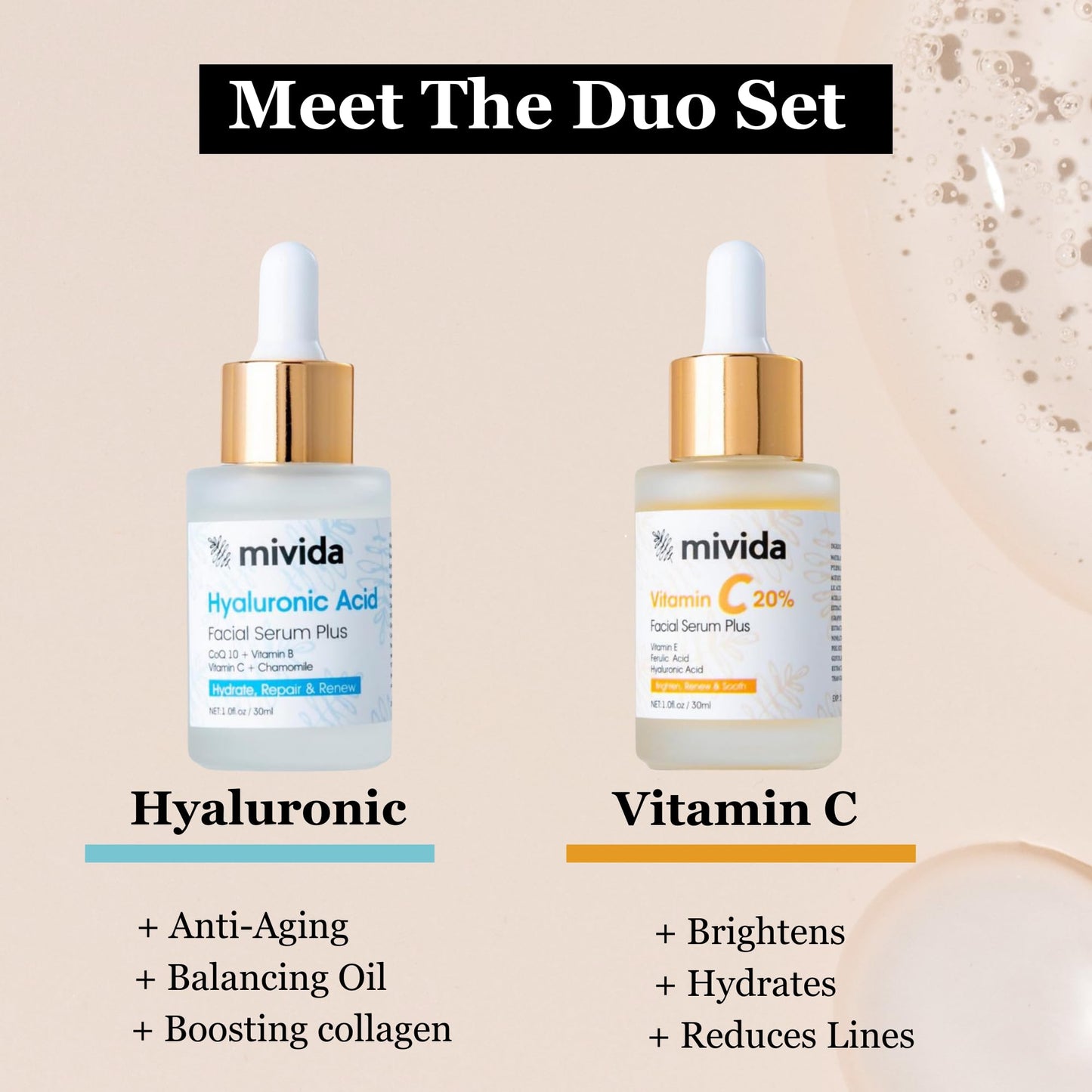 20% Premium Vitamin C serum + Hydrating Hyaluronic-Acid Serum For Face |Facial Skincare Set| No-Artificial-Colors, sensitive skin safe (2 x 1 Fl Oz / 30ml)