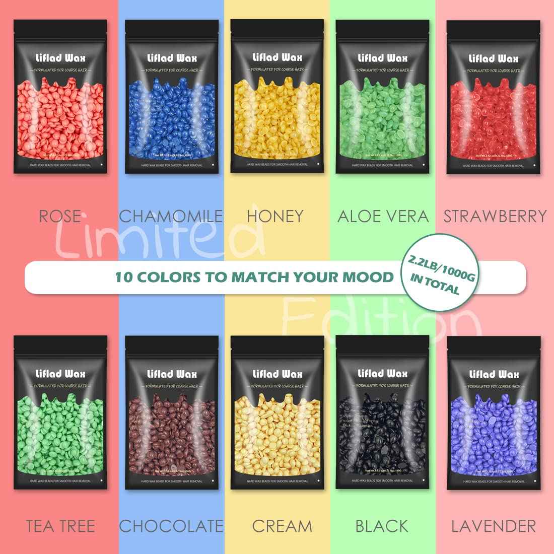 Hard Wax Beads for Coarse Hair Removal - 2.2 lb, 10 Pack Depilatory Wax Beans with Spatulas for Face, Eyebrow, Back, Chest, Bikini Areas, Legs - Refills for Any Wax Warmer