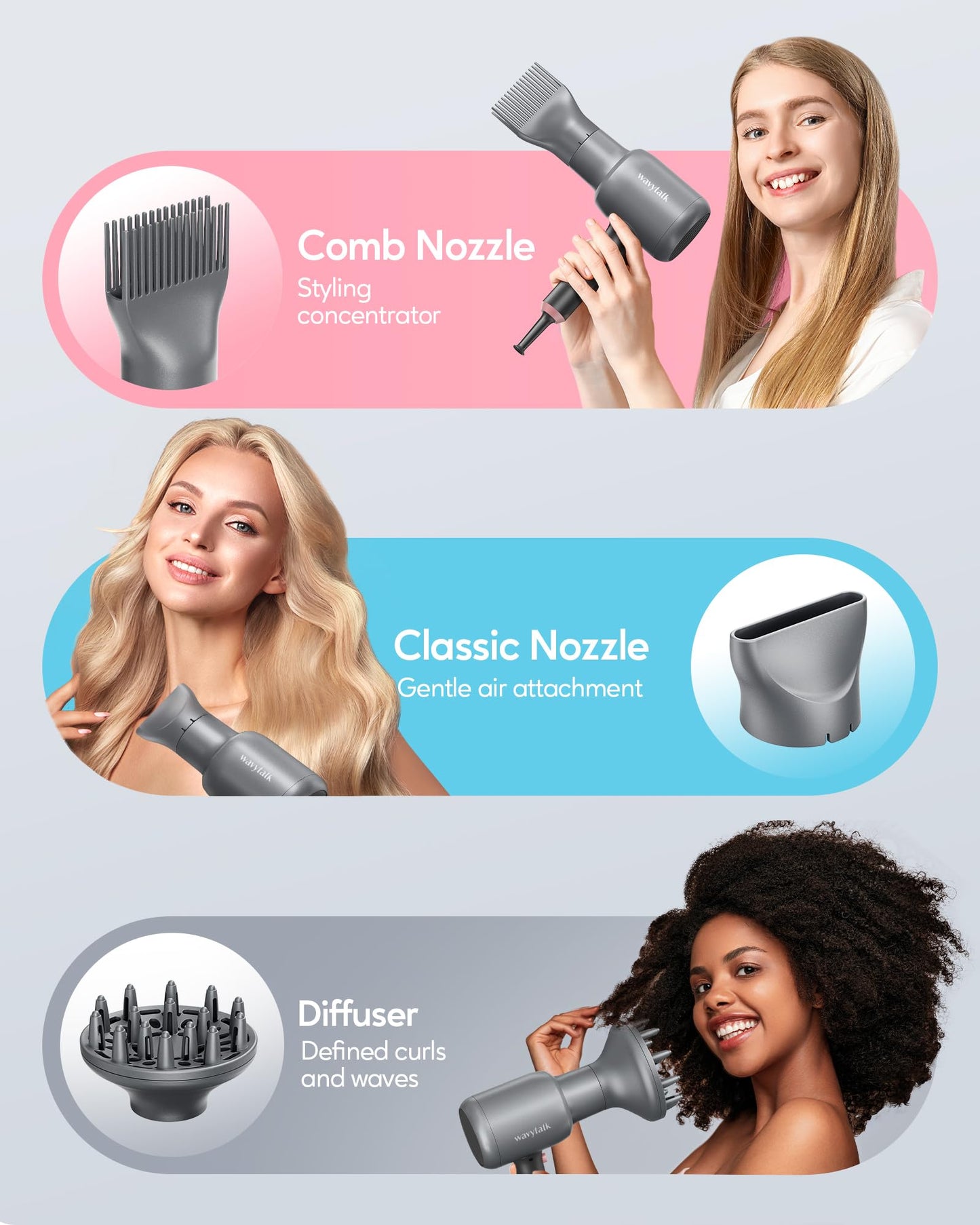 Wavytalk Ionic Hair Blow Dryer with Diffuser for Curly Hair Professional Salon Attachment Diffuser and Concentrator Nozzle for Women Styling Natural