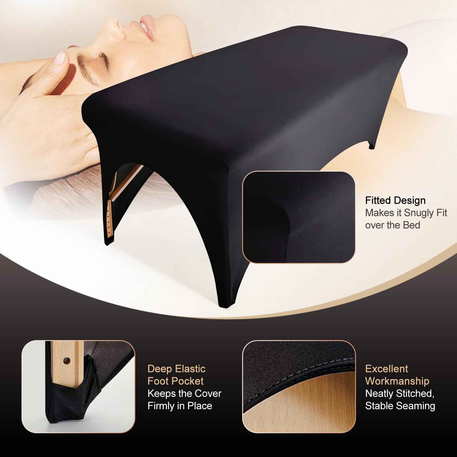 2-Piece Spa Bed Cover Professional Lash Bed Cover Stretchy Massage Table Cover Beauty Bed Protective Topper, Excellent for Lash Extension, Spa, Massage, Beauty Salon, Wax, Tattoo (Black)