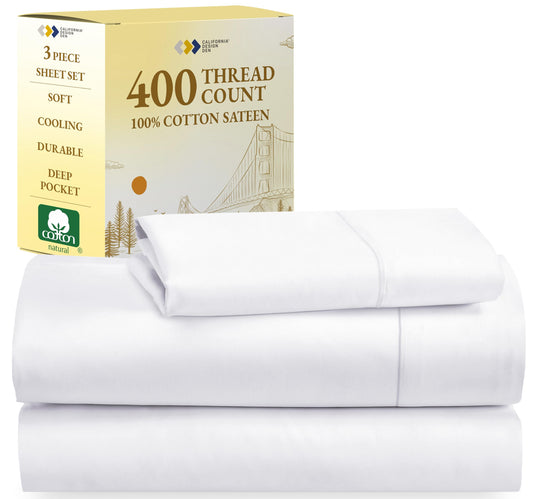 California Design Den Twin Sheets Set, Good Housekeeping Award Winner, 400 Thread Count Sateen Cooling Sheets, 100% Cotton Sheets, Luxury Twin Bed Sheets Set for Dorm Rooms & Adults (White Sheets)