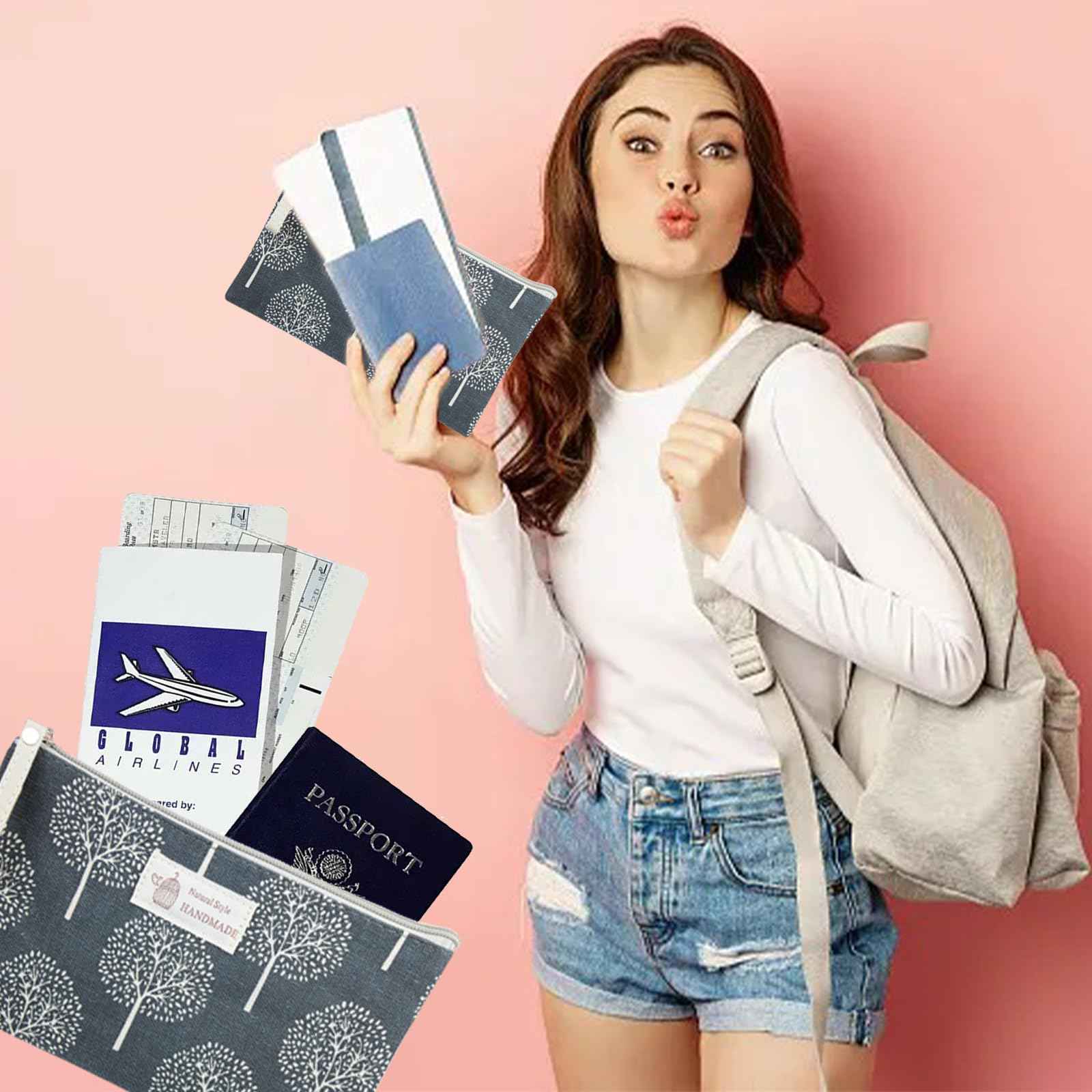 SHEHARUHI 3 Pcs Canvas Makeup Bags Set Cosmetic Small Bag Printed Cute Vacation Travel Toiletry Purse Zipper Pouch Multi-Function Bag Women Girls Favor