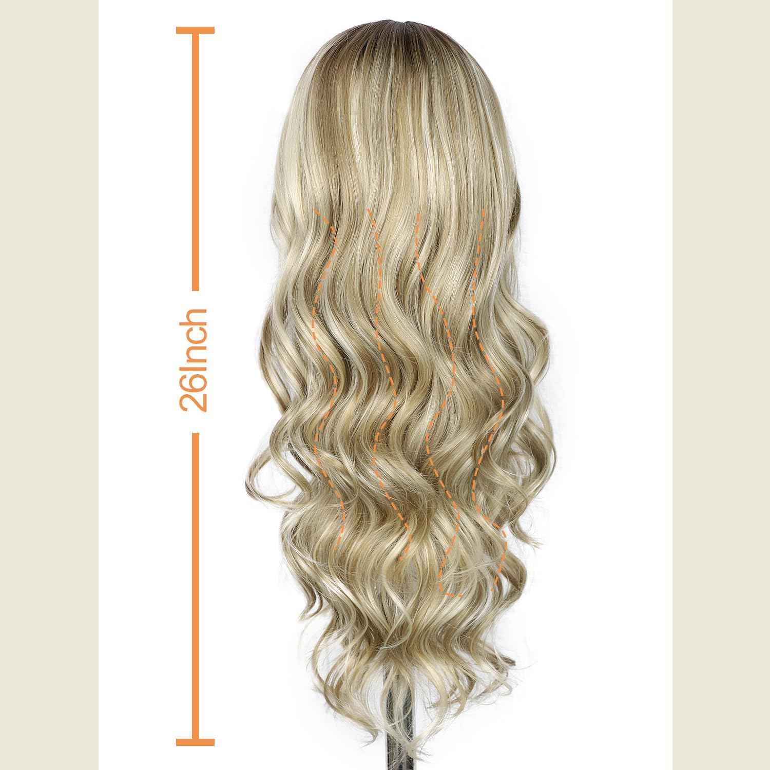 SAPPHIREWIGS Blonde Synthetic Lace Front Wig Ash Blonde Highlight 13×4 Loose Body Wave Wig Glueless Lace front Wigs for Women Pre Plucked Hairline Heat Resistant Wig for Daily Party Wigs 26inch