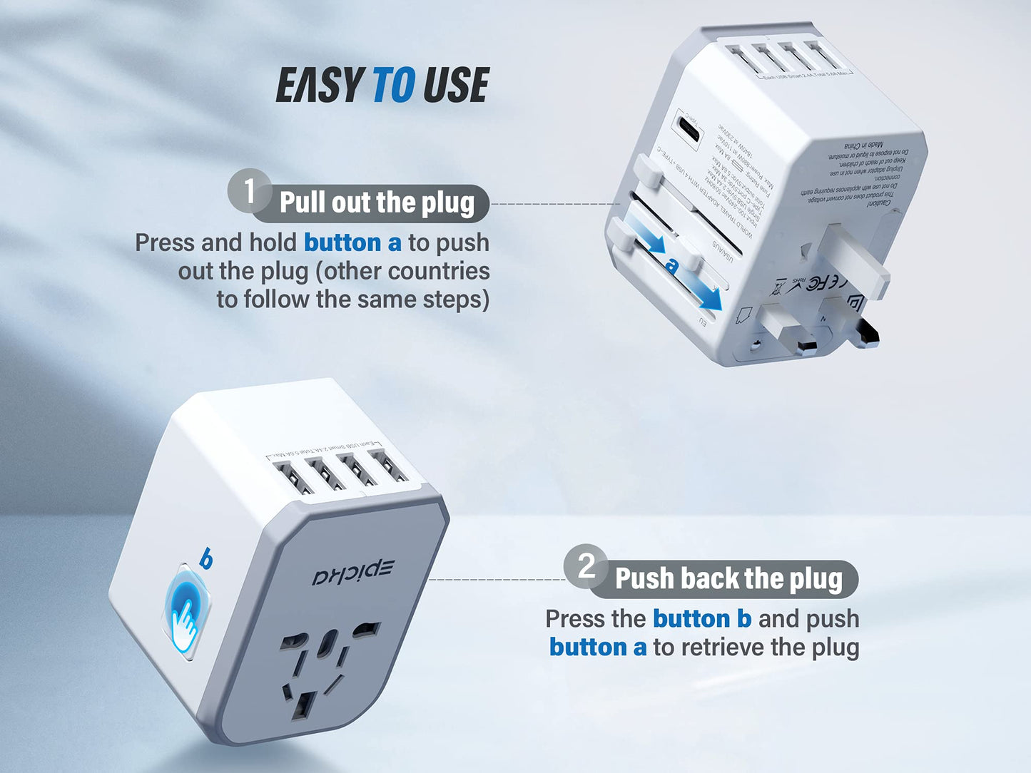 Universal Travel Power Adapter - EPICKA All in One Worldwide International Wall Charger AC Plug Adaptor with Smart Power USB for USA EU UK AUS Cell Phone Laptop (TA-105, White)