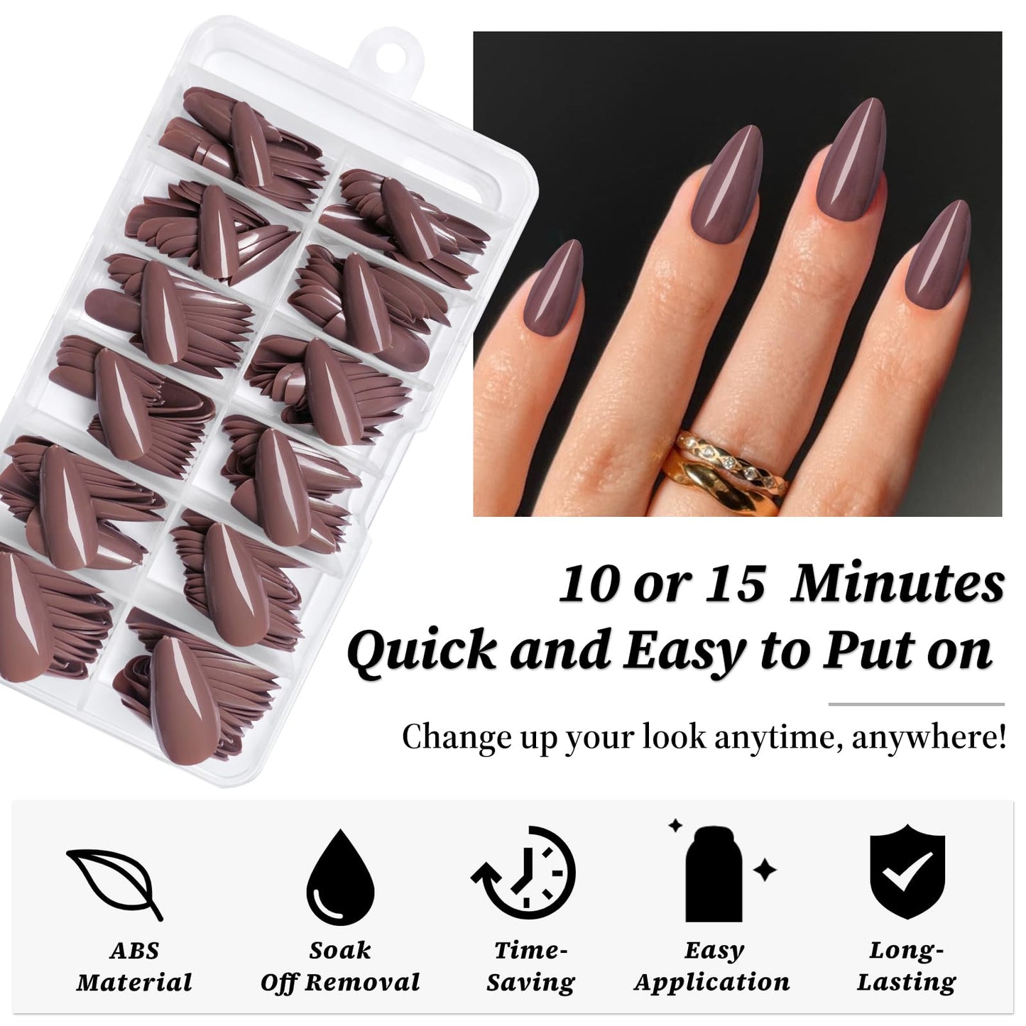 Lifextol 240PC Brown Almond Press on Nails Medium Fake Nails Press ons, False Acrylic Nails Press on Nails Almond Glue on Nails Artificial Nail Tips Fingernails Stick on Nails with Glue&Adhesive Tabs