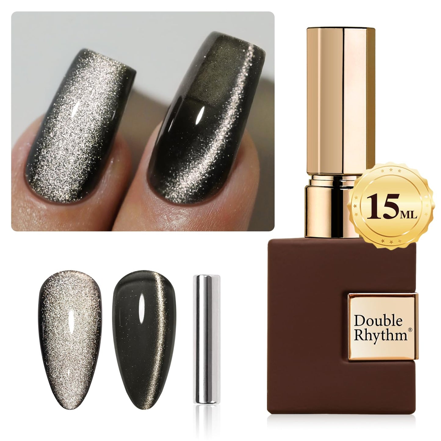 Double Rhythm 0.5 OZ Cat Eye Gel Polish with Magnet 15ML Holographic Glitter Shimmer Translucent Jelly Color Magnetic Nail Polish Salon DIY at Home (Black-MC1047)