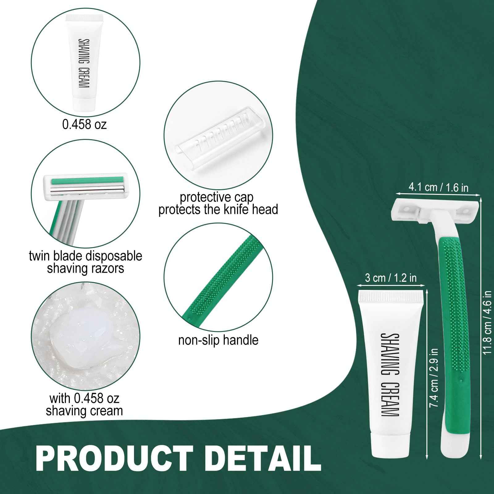Green Disposable Twin Blade Razors in Bulk, Individually Wrapped with Safety Cap and Shaving Cream (50 Pack) for Homeless, Hotel, Airbnb, Shelter