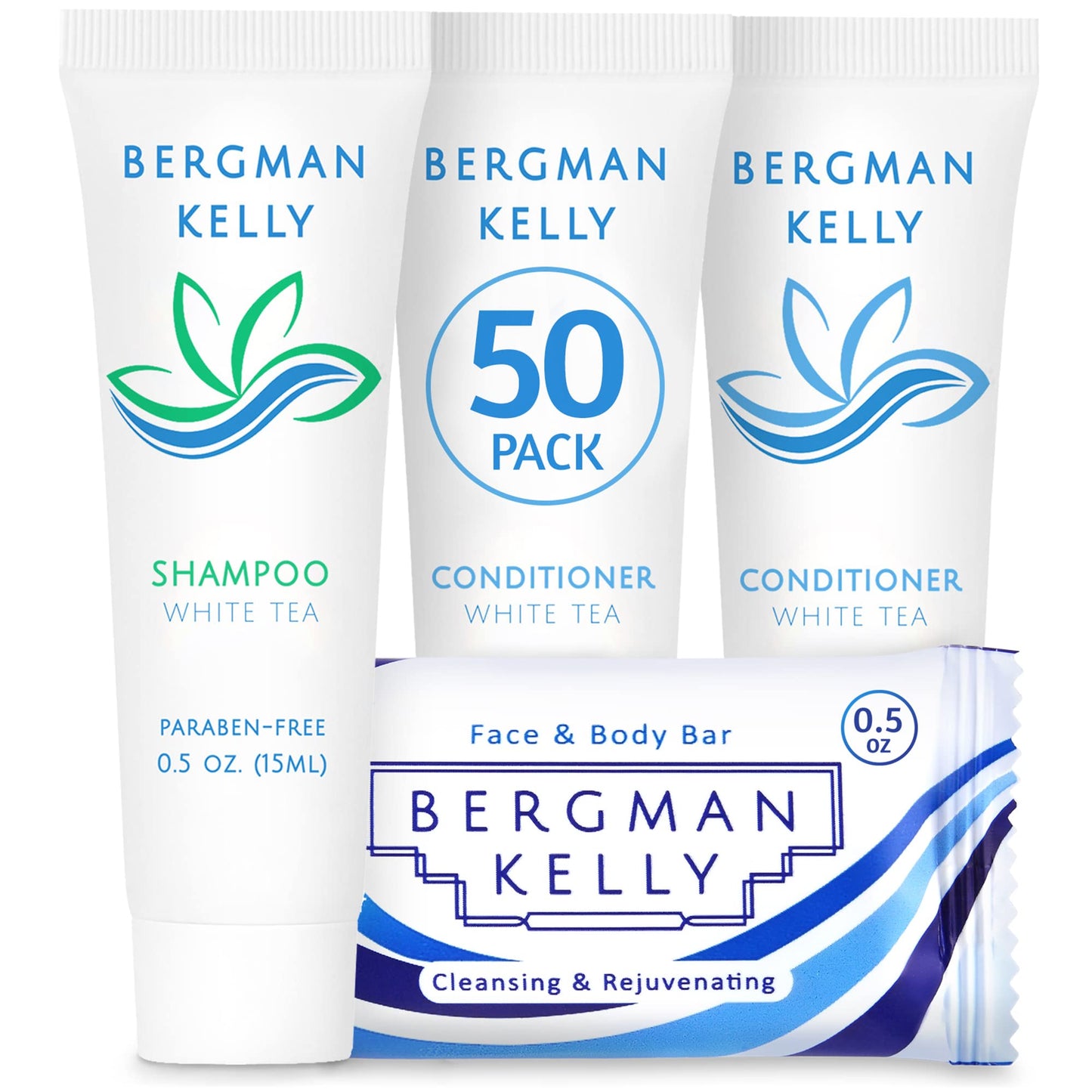 BERGMAN KELLY Rectangular Hotel Soap Bars, Shampoo & Conditioner 3-Piece Set (0.5 oz each, 150 pc, White Tea), Delight Guests w/Revitalizing & Refreshing Mini Travel Toiletries & Bulk Amenities