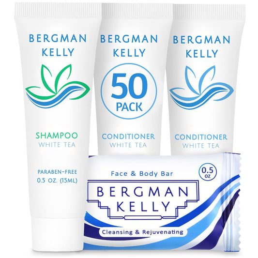 BERGMAN KELLY Rectangular Hotel Soap Bars, Shampoo & Conditioner 3-Piece Set (0.5 oz each, 150 pc, White Tea), Delight Guests w/Revitalizing & Refreshing Mini Travel Toiletries & Bulk Amenities