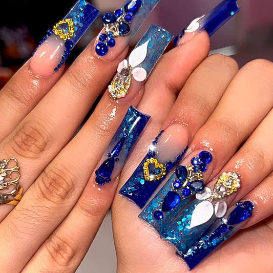 Blue Press on Nails Long Square Fake Nails with 3D Rhinestones Designs Ombre Heart Full Cover Acrylic Nails Glitter Glue on Flowers Nails Bling Extra Long Luxury Stick on Nails for Women 24 Pcs