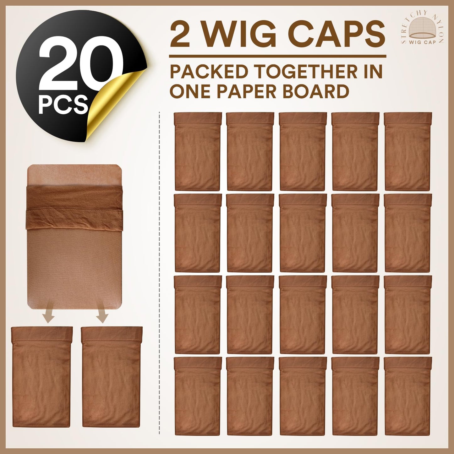 Teenitor Wig Caps, 20 Pack Stretchy Nylon Skin Tone Wig Application Caps for Women and Men - Brown