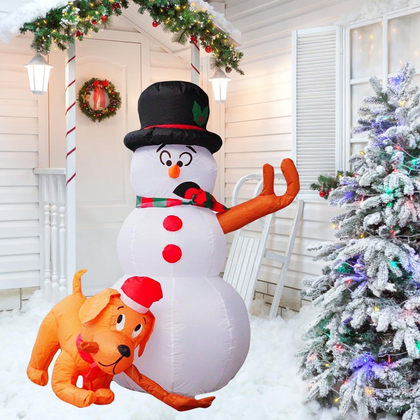 PRODUCTZ Christmas Decorations 4 FT Inflatable Snowman and Dog is Stealing Snowman's Hand Funny Holiday Blow up Outdoor/Indoor/House/Yard Decor with LED Lights and Free Storage Bag