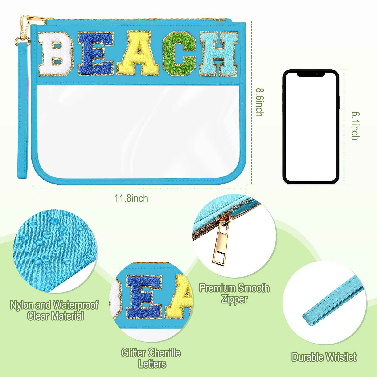 Remerry 4 Pack Clear Chenille Letter Bag Monogram Cosmetic Makeup Bag Travel Snack Beach Stuff Patch Pouch Preppy Accessories for Women Girls(Blue Green Series, Stylish)