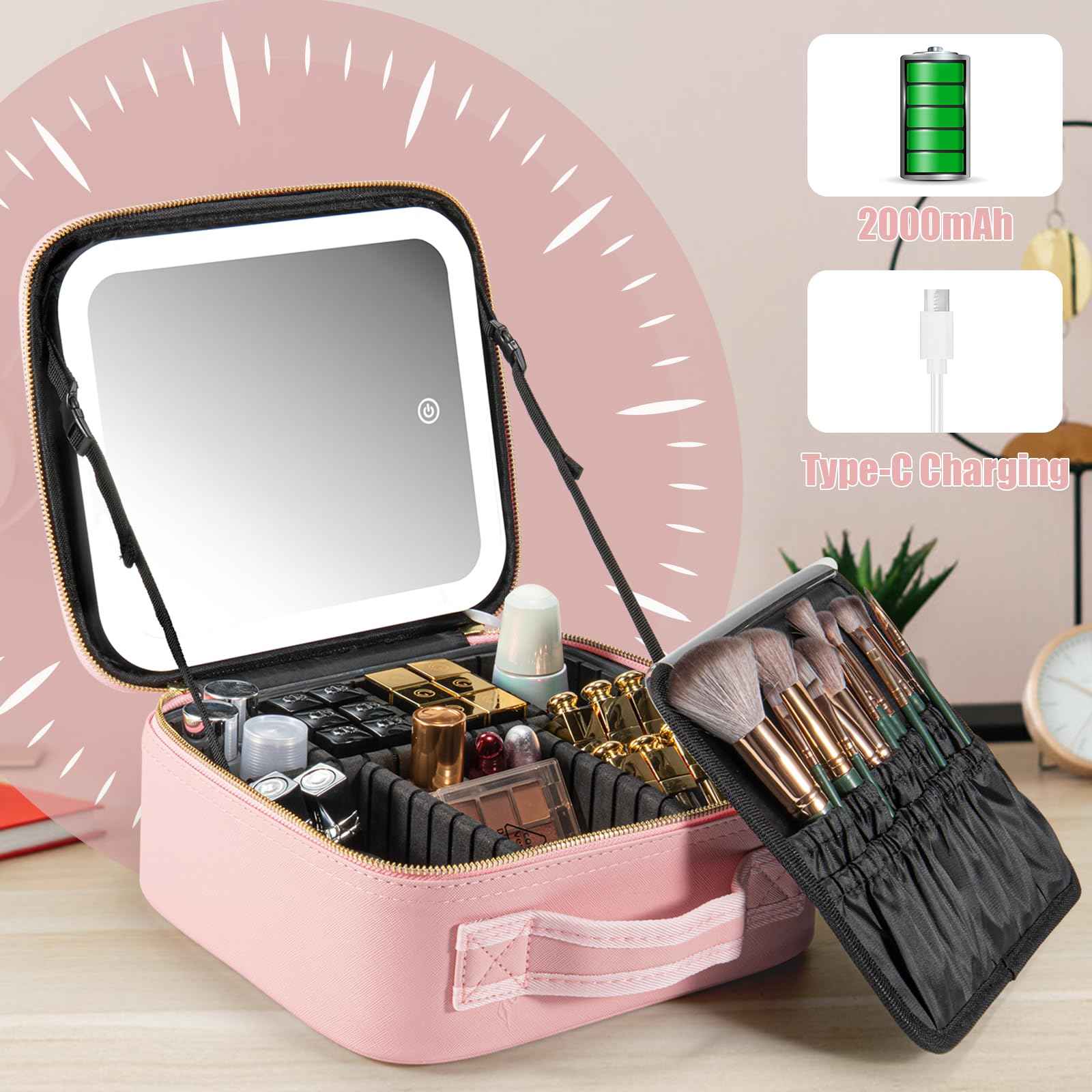 Extrei Gent Makeup Travel Train Case with Mirror LED Light 3 Adjustable Brightness Large Cosmetic Bag Portable Storage Adjustable Partition Waterproof Makeup Brushes Make up Jewelry Gift for Women