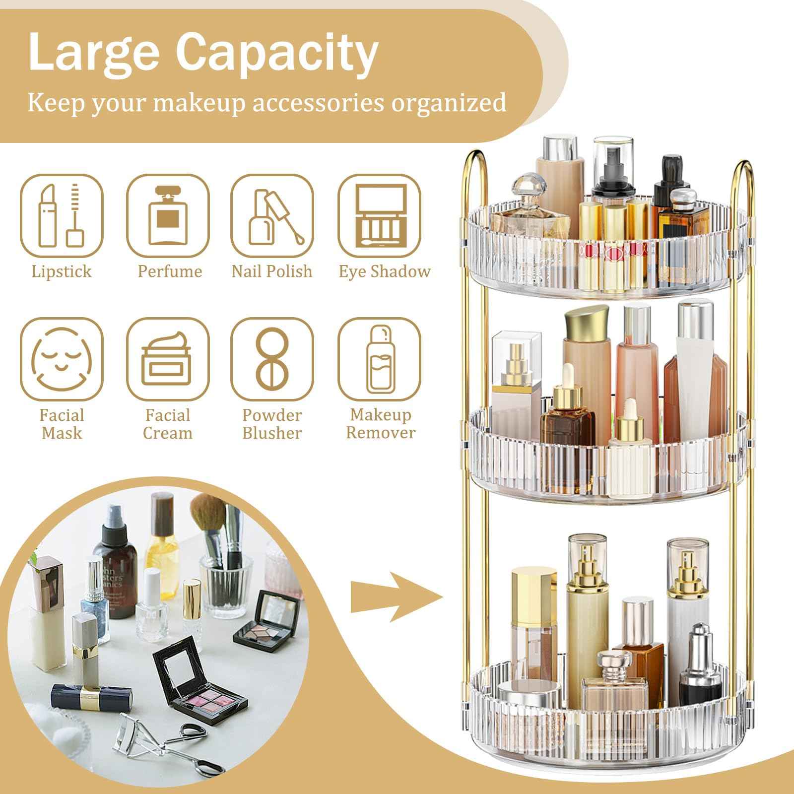 MOKANI 360 Rotating Makeup Organizer for Vanity, 3 Tier Adjustable Perfume Organizer for Dresser, Multi-Function Spinning Cosmetics Skincare Storage for Bedroom, Dresser, Countertop, Clear