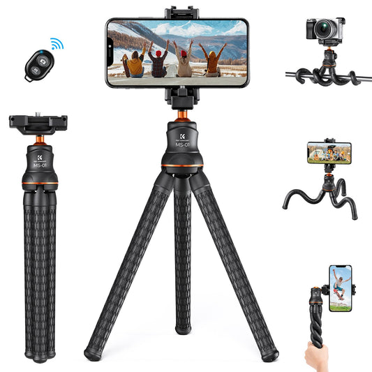 K&F Concept Mini Tripod Stand, Flexible Camera Cellphone Tripod with Bluetooth Remote, 1/4'' Screw with Phone Holder&Cold Shoe, 6.6lbs Max Load Compatible with Smartphone/Canon Nikon Sony Camera